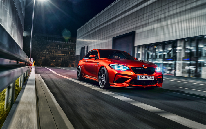BMW M2, 4k, ضبط, 2019 السيارات, سباق الليل, السيارات الألمانية, البرتقال m2, BMW