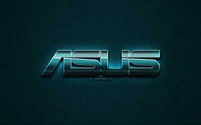 Asus glitter logo, yaratıcı, mavi metal arka plan, Asus logo, marka, Asus