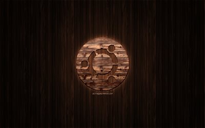 Ubuntu logo, Linux, wooden logo, wooden background, Ubuntu, emblem, brands, wooden art