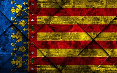Flag of Valencia, 4k, grunge art, rhombus grunge texture, spanish province, Valencia flag, Spain, national symbols, Valencia, provinces of Spain, creative art