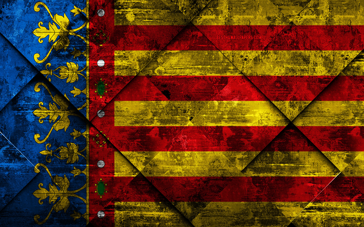 Bandiera di Valencia, 4k, grunge, arte, rombo grunge, texture, provincia spagnola, Valencia, bandiera, Spagna, simboli nazionali, province di Spagna, arte creativa