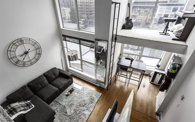 elegante design di interni, due appartamenti a piano, il design moderno di appartamenti, alloggio, sul balcone, in stile loft