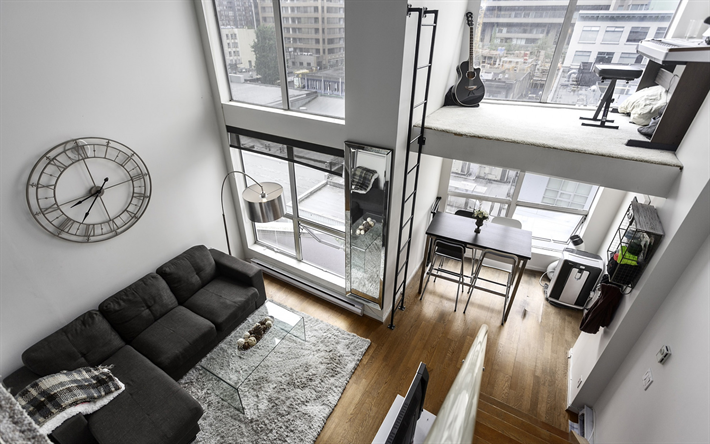 stilvolles interieur-design, zwei-st&#246;ckigen apartments, modern gestaltete apartments, zimmer, auf dem balkon, im loft-stil