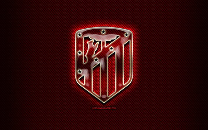 L&#39;Atletico Madrid FC, logo di vetro, rosso rombico sfondo, LaLiga, calcio, squadra di calcio spagnola, Atletico Madrid, logo, creativo, in Spagna, La Liga
