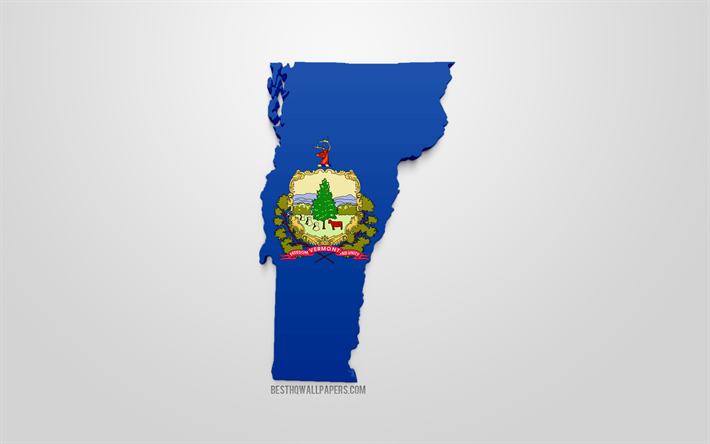 Vermont, Vermont haritası siluet 3d bayrak, ABD Dışişleri, 3d sanat, Vermont 3d bayrak, AMERİKA, Kuzey Amerika, coğrafya, Vermont 3d siluet