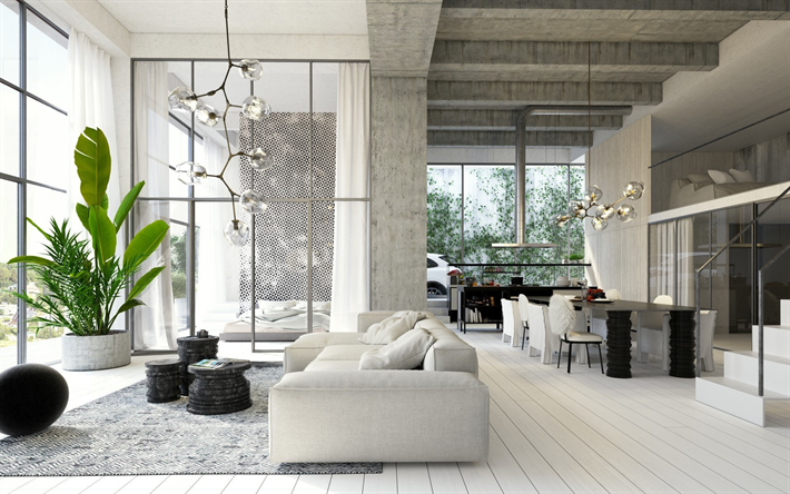 stylish interior design, country house, creative lamps, loft style, dining room, concrete ceiling, concrete walls