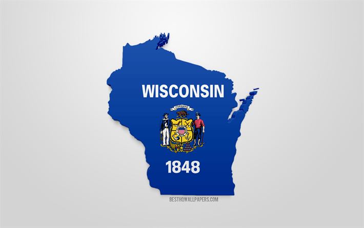 3d drapeau de l&#39;&#233;tat du Wisconsin, la carte de la silhouette du Wisconsin, &#233;tat AM&#201;RICAIN, art 3d, Wisconsin 3d drapeau, etats-unis, Am&#233;rique du Nord, dans le Wisconsin, la g&#233;ographie, Wisconsin 3d silhouette