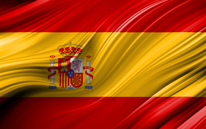 4k, スペイン語フラグ, 欧州諸国, 3D波, フラグのスペイン, 国立記号, スペインの3Dフラグ, 美術, 欧州, スペイン