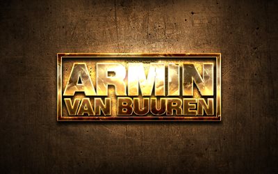 Armin van Buuren golden logo, music stars, brown metal background, creative, Armin van Buuren logo, brands, Armin van Buuren