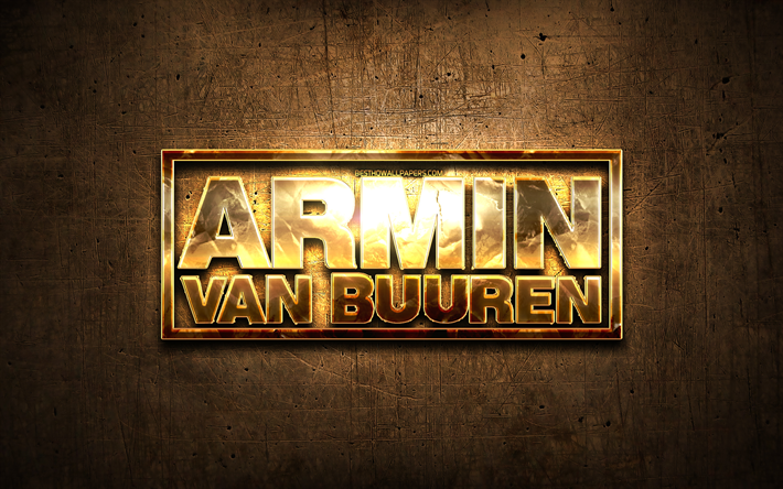 Armin van Buuren altın logo, m&#252;zik yıldızları, kahverengi metal arka plan, yaratıcı, Armin van Buuren logo, marka, Armin van Buuren