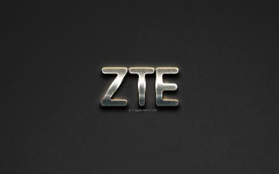 ZTE logo &#231;elik logo, akıllı telefonlar, markalar, &#231;elik sanat, gri taş arka plan, yaratıcı sanat, ZTE, amblemler
