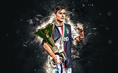 Paulo Dybala with cup, Bianconeri, 2019, new uniform Juventus FC, football stars, argentinian footballers, soccer, neon lights, Serie A, Italy, Juve, Dybala