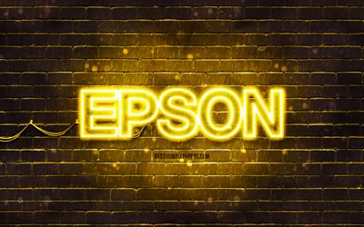 Epson yellow logo, 4k, yellow neon lights, creative, yellow abstract background, Epson logo, brands, Epson