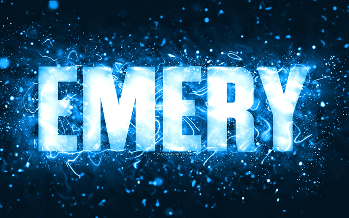 Happy Birthday Emery, 4k, blue neon lights, Emery name, creative, Emery Happy Birthday, Emery Birthday, popular american male names, picture with Emery name, Emery