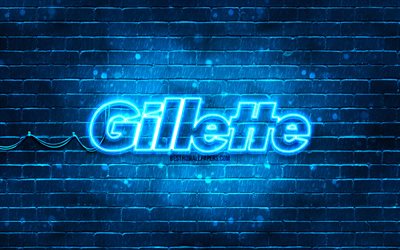 Gillette blue logo, 4k, blue brickwall, Gillette logo, brands, Gillette neon logo, Gillette