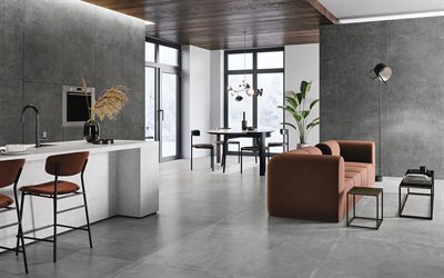 tyylik&#228;s sisustus, asunnot, loft-tyyli, harmaat betonisein&#228;t, harmaa betonilattia, loft-tyylinen olohuone, valkoinen marmorinen keitti&#246;taso