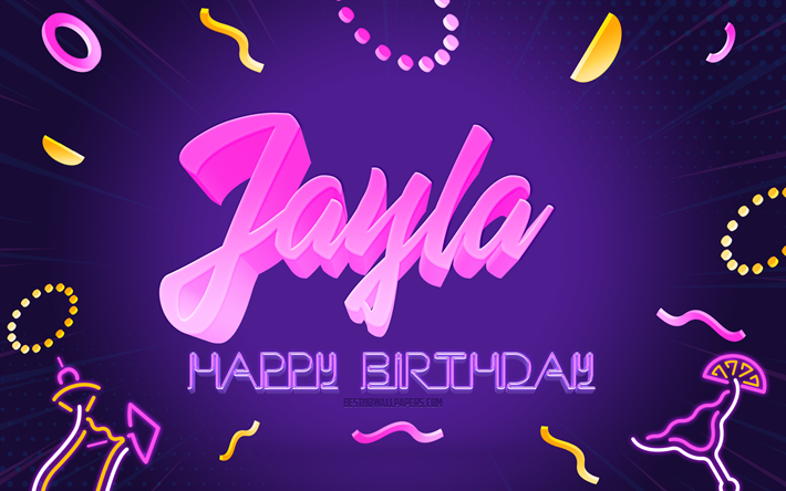 joyeux anniversaire jayla, 4k, purple party background, jayla, art cr&#233;atif, jayla nom, jayla anniversaire, f&#234;te d anniversaire fond