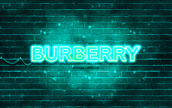 burberry turquoise logo, 4k, turquoise brickwall, logo burberry, marques, logo n&#233;on burberry, burberry
