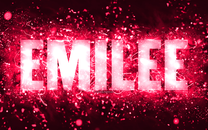 Happy Birthday Emilee, 4k, pink neon lights, Emilee name, creative, Emilee Happy Birthday, Emilee Birthday, popular american female names, picture with Emilee name, Emilee