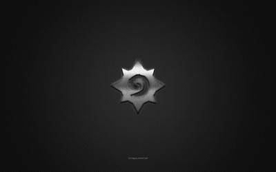 hearthstone-logo, silbern gl&#228;nzendes logo, hearthstone-metallemblem, graue kohlefasertextur, hearthstone, marken, kreative kunst, hearthstone-emblem