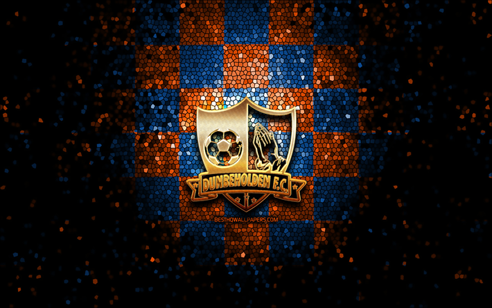 dunbeholden fc, logo glitter, hnl, sfondo a scacchi blu arancione, calcio, squadra di calcio giamaicana, logo dunbeholden fc, arte del mosaico, fc dunbeholden