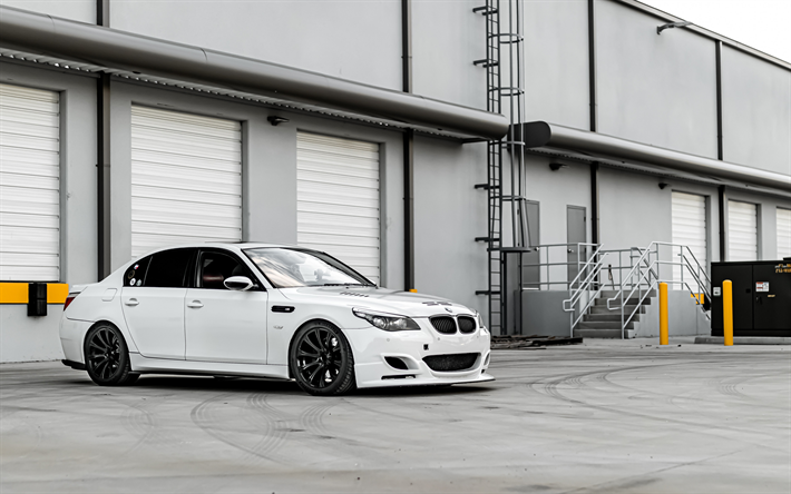 4k, BMW M5, E60, front view, exterior, white sedan, black wheels, BMW E60, E60 tuning, white M5 E60, German cars, BMW