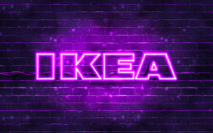 logotipo violeta de ikea, 4k, pared de ladrillo violeta, logotipo de ikea, marcas, logotipo de ne&#243;n de ikea, ikea