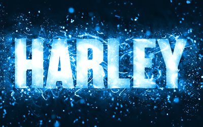 feliz anivers&#225;rio harley, 4k, luzes de neon azuis, harley nome, criativo, harley feliz anivers&#225;rio, harley anivers&#225;rio, nomes masculinos americanos populares, imagem com nome harley, harley