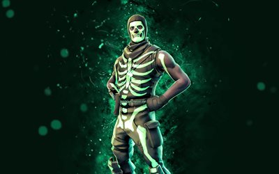 green glow skull trooper, 4k, turkoosi neonvalot, fortnite battle royale, fortnite-hahmot, green glow skull trooper skin, fortnite, green glow skull trooper fortnite