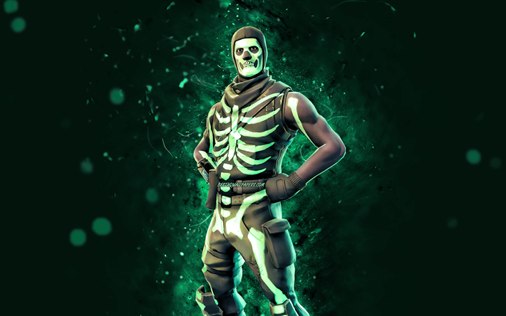 Green Glow Skull Trooper, 4k, turquoise neon lights, Fortnite Battle Royale, Fortnite characters, Green Glow Skull Trooper Skin, Fortnite, Green Glow Skull Trooper Fortnite
