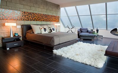 stilvolles innendesign, schlafzimmer, graue fliesen im schlafzimmer, idee f&#252;r ein schlafzimmer, modernes interieur