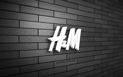 h- und m-3d-logo, 4k, graue ziegelwand, kreativ, marken, h- und m-logo, 3d-kunst, h und m
