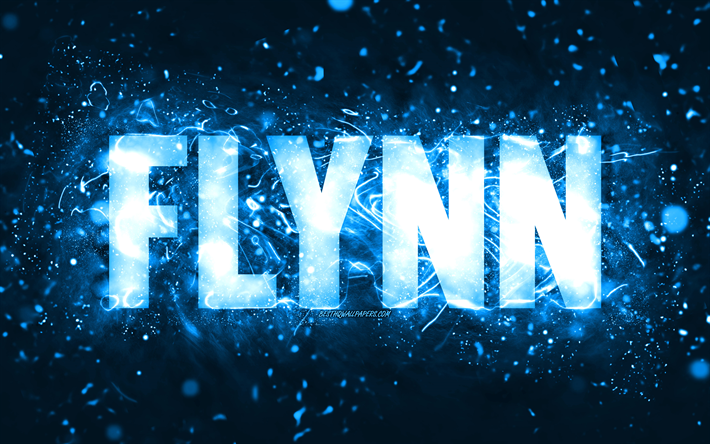 Happy Birthday Flynn, 4k, blue neon lights, Flynn name, creative, Flynn Happy Birthday, Flynn Birthday, popular american male names, picture with Flynn name, Flynn