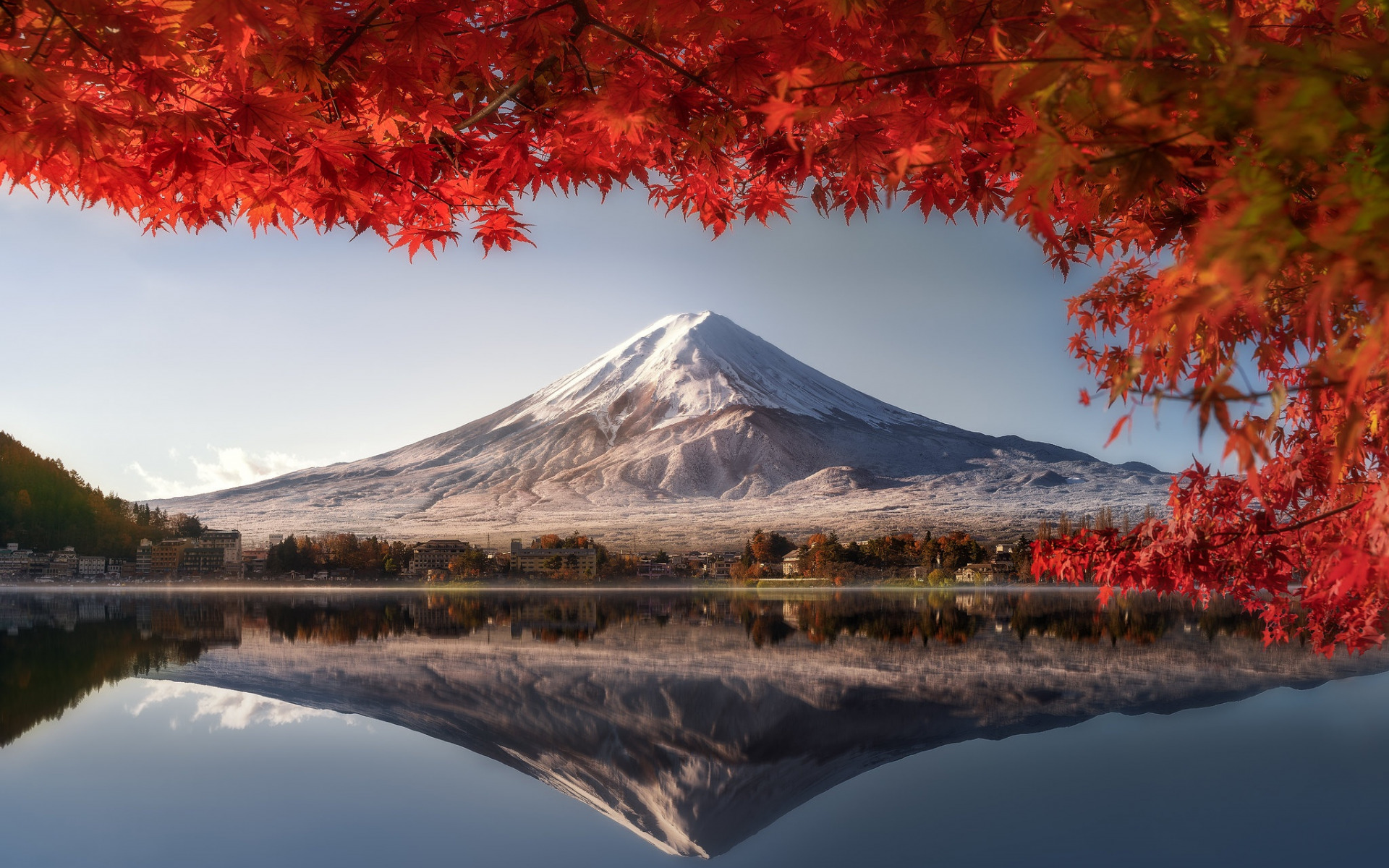 mont fuji, soir&#233;e, coucher de soleil, paysage de montagne, feuilles rouges, fujisan, stratovolcan, japon