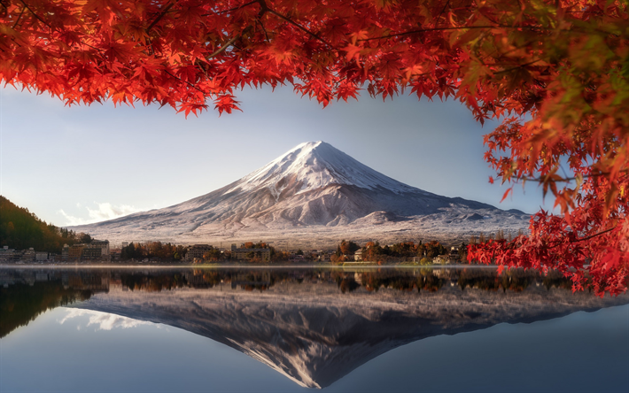 Mount Fuji, evening, sunset, mountain landscape, red leaves, Fujisan, stratovolcano, Japan