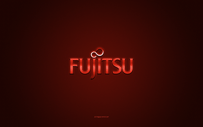 logo fujitsu, logo rosso lucido, emblema fujitsumetal, trama in fibra di carbonio rossa, fujitsu, marchi, arte creativa, emblema fujitsu