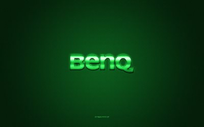 benq-logo, vihreä kiiltävä logo, benq-metallitunnus, vihreä hiilikuiturakenne, benq, tuotemerkit, luova taide, benq-tunnus
