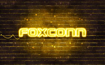 Foxconn yellow logo, 4k, yellow brickwall, Foxconn logo, brands, Foxconn neon logo, Foxconn