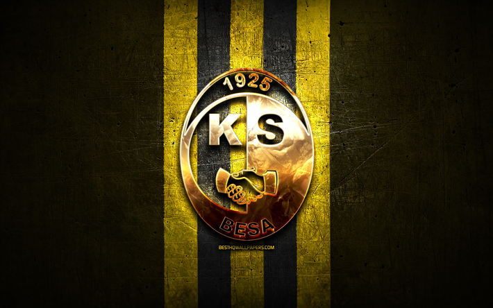 Besa Kavaje FC, golden logo, Kategoria Superiore, yellow metal background, football, Albanian football club, Besa Kavaje logo, soccer, KF Besa Kavaje
