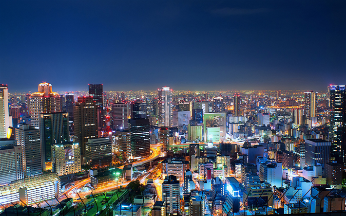 osaka, paesaggi urbani dello skyline, paesaggi notturni, area metropolitana, citt&#224; giapponesi, asia, giappone, osaka di notte