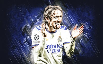 Luka Modric, Real Madrid, Croatian football player, midfielder, blue stone background, La Liga, Spain, football
