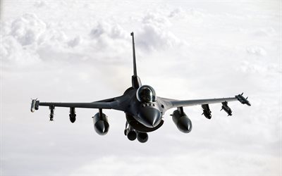 4k, general dynamics f-16 fighting falcon, usaf, f-16 nel cielo, caccia americano, volo f-16, aviazione da combattimento