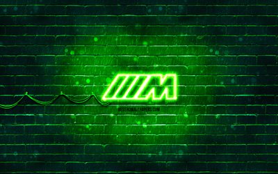 M-sport green logo, 4k, green brickwall, M-sport logo, cars brands, M-Sport Team, M-sport neon logo, M-sport, BMW M-sport