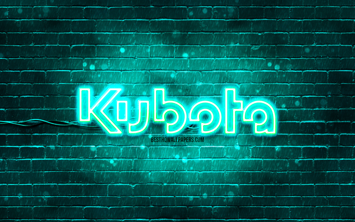 Kubota turquoise logo, 4k, turquoise brickwall, Kubota logo, brands, Kubota neon logo, Kubota