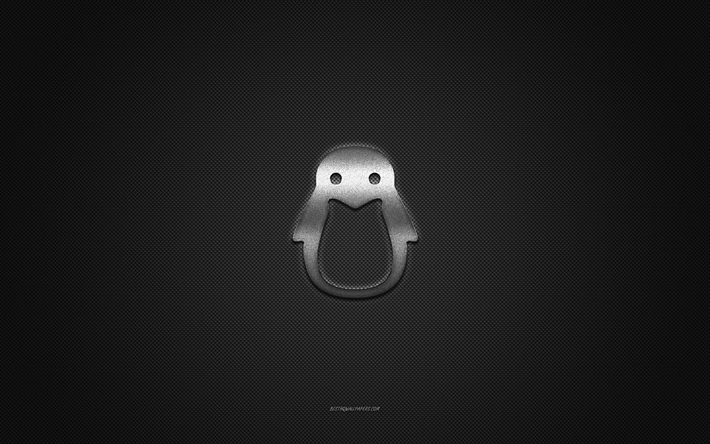 linux-logo, silbergl&#228;nzendes logo, linux-metallemblem, graue kohlefaserstruktur, linux, marken, kreative kunst, linux-emblem