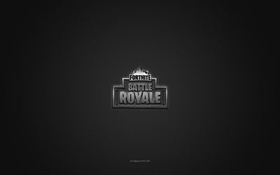 fortnite battle royale -logo, hopean kiiltävä logo, fortnite battle royale -metallitunnus, harmaa hiilikuiturakenne, fortnite battle royale, tuotemerkit, luova taide, fortnite battle royale -tunnus, fortnite