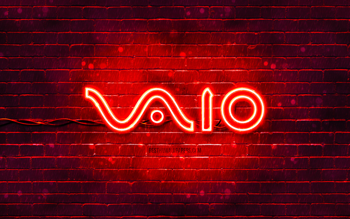 VAIO red logo, 4k, red brickwall, VAIO logo, brands, VAIO neon logo, VAIO, Sony VAIO