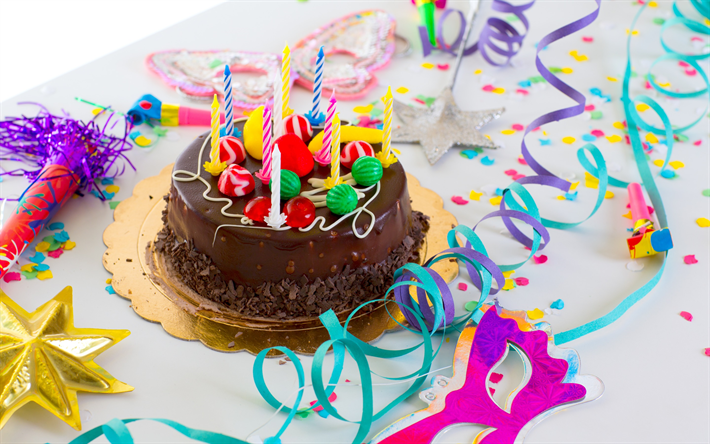 Feliz Anivers&#225;rio, conceitos, velas, bolo de feriado, doces, bolo com velas