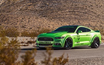 Ford Mustang, Ferrada roues, le R&#233;glage, les Mustang, lumineux vert Mustang, 4K, voitures de sport, voitures Am&#233;ricaines