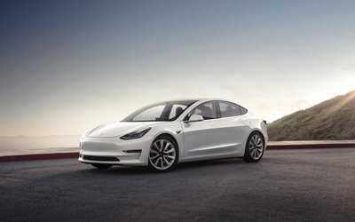 4k, Tesla Model 3 de 2017, coches, blanco, Modelo 3, coches el&#233;ctricos, Tesla